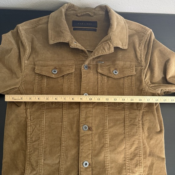 Zara Mens Trucker Corduroy Jacket Brown Button Front Casual Size Small Tan Camel - Picture 10 of 12